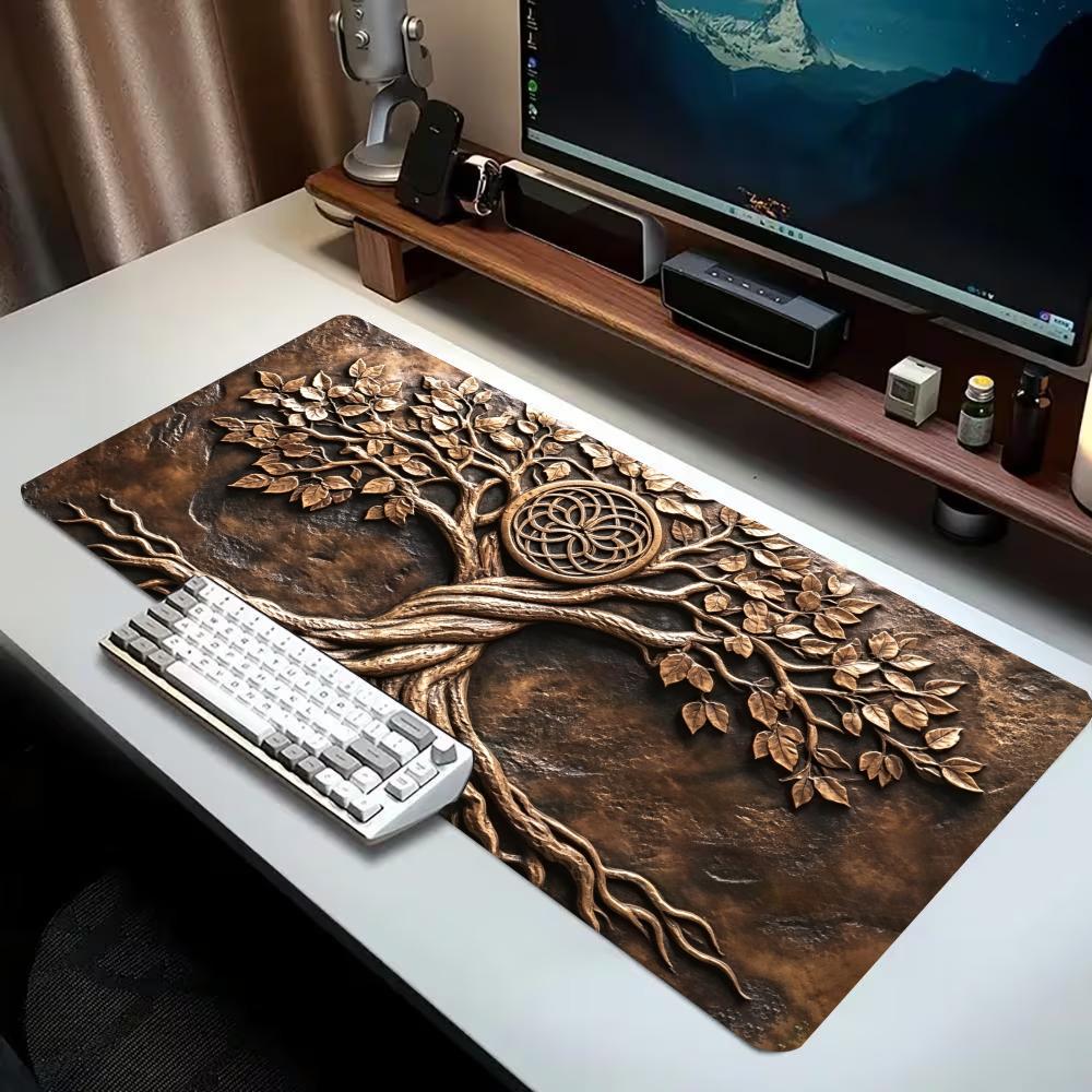 Retro Gaming Life - แผ่นรองเมาส์เกมมิ่งขนาดใหญ่ลายต้นไม้แห่งชีวิตสไตล์เรโทร พื้นผิวกันลื่นสำหรับโต๊ะทำงาน ลายพิมพ์ศิลปะวินเทจสำหรับการเล่นเกมและพื้นที่ทำงานในสำนักงาน