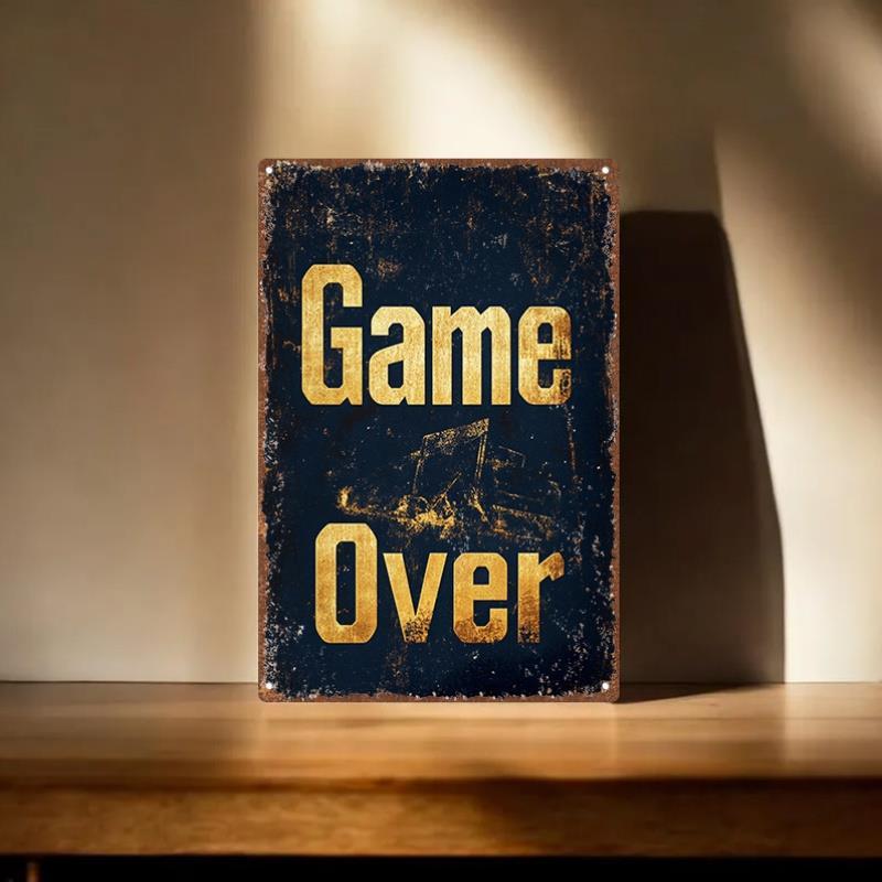 Retro Gaming Games - ป้ายโลหะวินเทจลายเกมโอเวอร์ - โปสเตอร์เกมอาร์เคดย้อนยุค สีน้ำเงินเข้มและสีทอง ของตกแต่งเกม แผ่นเหล็กแข็งแรงทนทานสำหรับตกแต่งภายใน