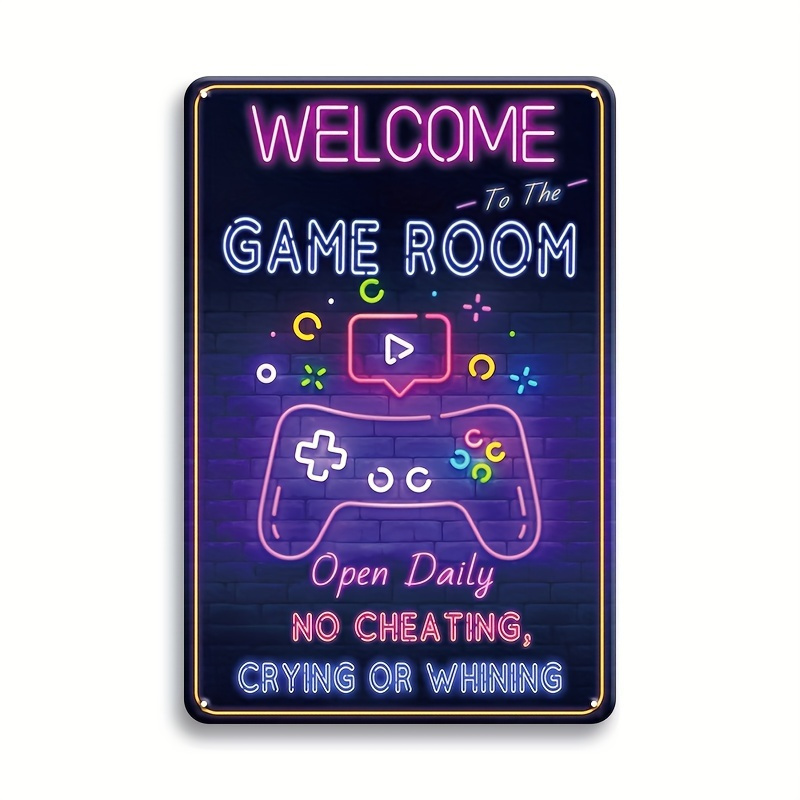 Retro Gaming Games - ยินดีต้อนรับสู่ป้ายโลหะห้องเกม - ของตกแต่งผนังเหล็กสไตล์เรโทรพร้อมธีมเกมนีออน โลโก้ประตูวิดีโอสุดเท่สำหรับห้องนอนเด็กผู้ชาย