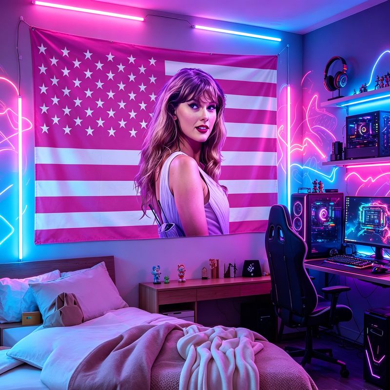 Retro Gaming Room - VIKAMA ผ้าแขวนผนังลายธงชาติอเมริกัน นักร้องหญิง ภาพพิมพ์สไตล์เรโทร นีออน สำหรับตกแต่งห้องเล่นเกม