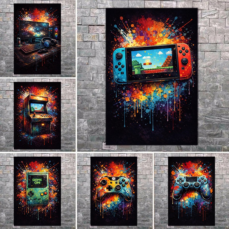 Retro Gaming Life - ภาพตกแต่งผนังห้องเกมมิ่งสมัยใหม่ โปสเตอร์คอนโซลเกมย้อนยุค ภาพตกแต่งเกมธีมจักรวาล ลายสาดสีสันสดใส ศิลปะแนวสตรีท ภาพพิมพ์บนผ้าใบ
